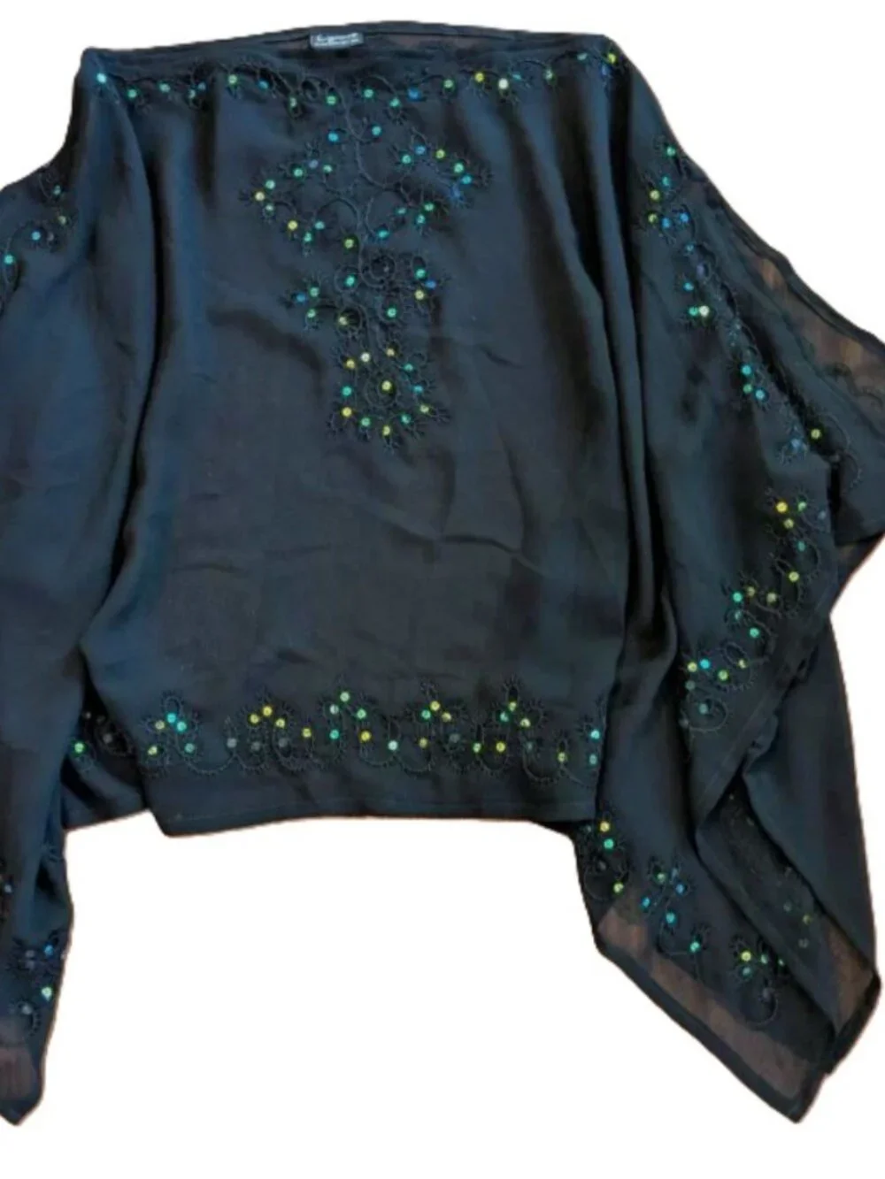 Bohemian Goth Dark Feminine Sheer Black Sequined One Size Poncho Boatneck Cape